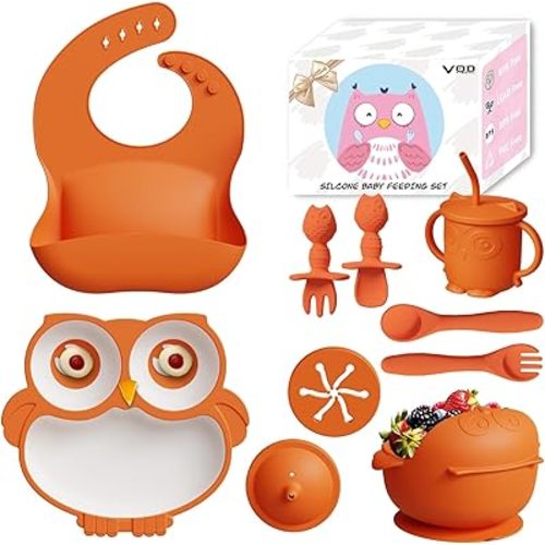 13Pcs Silicone Baby Feeding Set - Baby Spoon, Baby Bowls, Baby Plates with Suction, Baby Bib, Toddler Cups with Replaceable Lids (Orange)