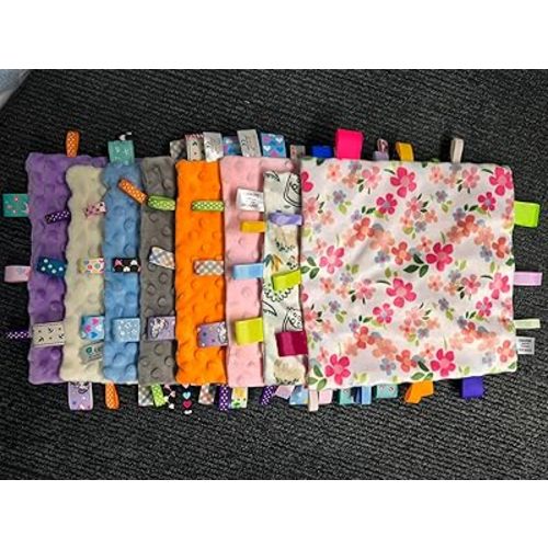 CREVENT Tag Security Blankets for Babies, Soft Small Loveys for Boys, Baby Comforter Sensory Blanket, Great Gifts for Birthday Baby Shower (10"X10" 8 Taggies)
