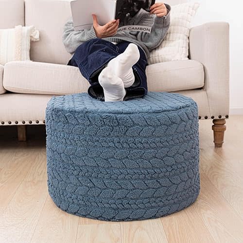 Round Pouf Ottoman 20 x 20 x 14 Inches Boho Poof Home Decor Floor Pouffe Ottoman Foot Rest for Couch Sofa Bean Bag Chairs Living Room Bedroom (Misty Blue)