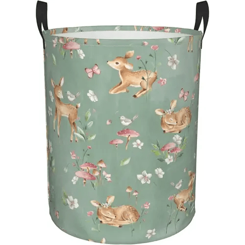 62L Round Laundry Hamper Cute Deers Storage Basket Waterproof Coating Woodland Forest Animals Butterflies And Flowers Organizer Bin For Nursery Clothes Toys