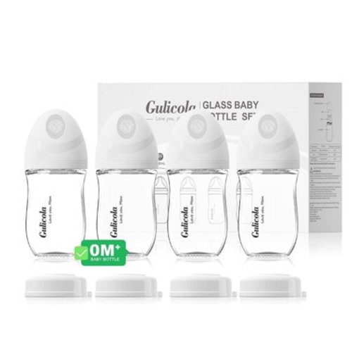 Gulicola Natural Glass Baby Bottle 4 Pack, Newborn Breastfeeding Bottles Set, Extra Slow Flow Nipples (SS), Anti Colic, 0 Months+, 5 oz