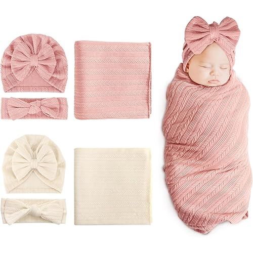 DRESHOW BQUBO Newborn Receiving Blanket Headband Hat Set for Baby, Unisex Baby Boys Girls Essentials, Newborn Registry Must Haves, Stroller Crib Shower Gifts