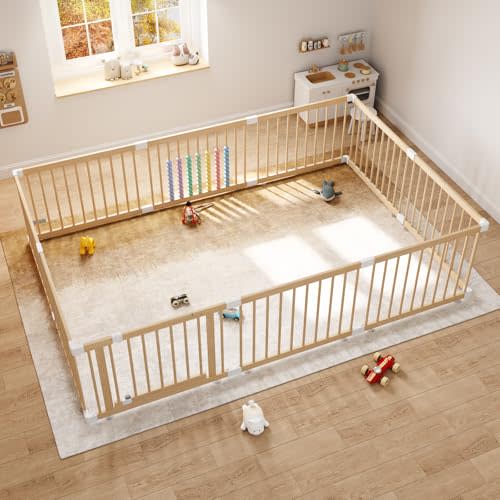 IKALIFE Extra Large Wooden Baby Playpen - Size Adjustable Fence for Babies and Toddlers, Baby Play Yard with Locking Gate, Indoor Play Pen for Kids Activity Center 94.5”×63.5”