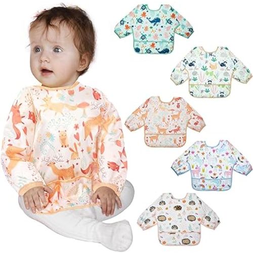 Lictin Long Sleeve Bibs 5 Pack - Baby Bibs, Waterproof Toddler Bibs, Baby Smock for Eating, Baby Bibs for Feeding Teething