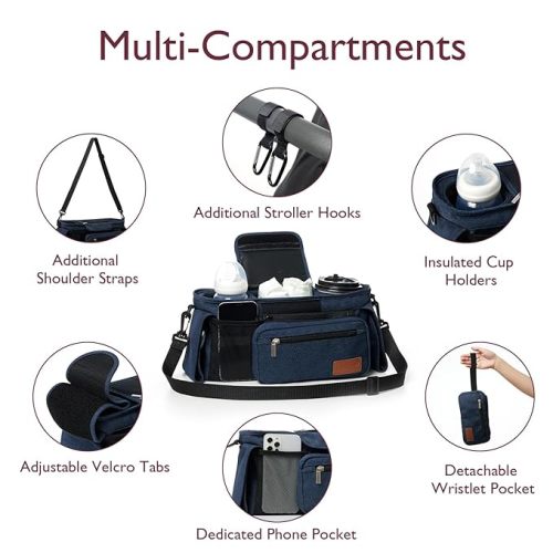 Momcozy Universal Baby Stroller Organizer, 2 Insulated Cup Holder, Detachable Zippered Pocket, Adjustable Shoulder Strap, Large capacity for baby essentials, Compact Design Fits Any Strollers - Blue