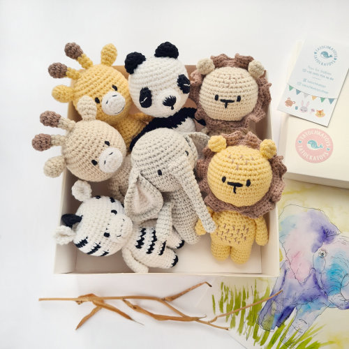 Crochet safari small baby animal toys, gifts for 1 year old girl, boy, jungle baby gift for 6 months baby