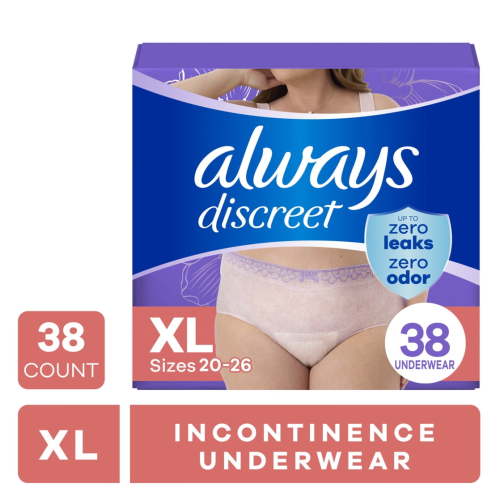Always Discreet Adult Incontinence Underwear for Women and Postpartum Underwear, XL, Up to 100% Bladder Leak Protection, 38 CT