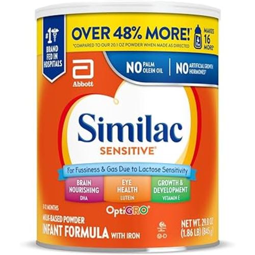 Similac Sensitive Infant Formula, for Fussiness & Gas Due to Lactose Sensitivity, Baby Formula Powder, 29.8-oz Can