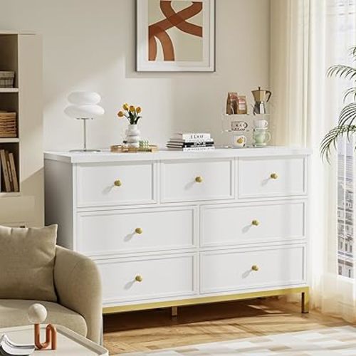 Pamapic 47" Modern 7-Drawer White Dresser,Tall Chest with Deep Storage & Metal Handles， Wooden Dresser for Bedroom, Living Room, Entryway, Hallway