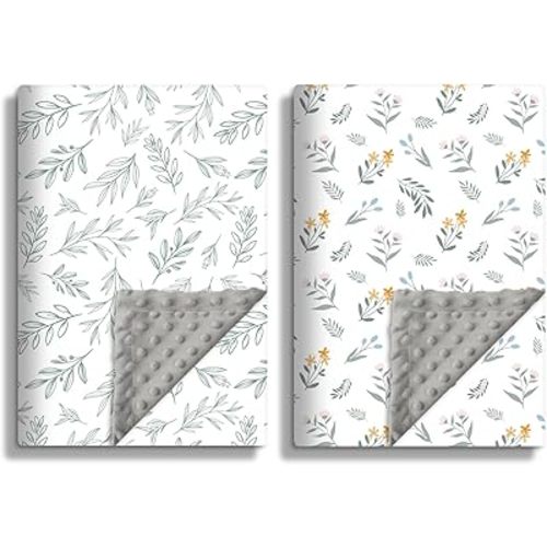 Soft Sage Green Baby Blankets for Unisex Girls or Boys Breathable Gender Neutral Nursery Double Layer Blankets with Dotted Backing and Leaf Printed for Newborn Toddlers 2 Pack (Leaf)