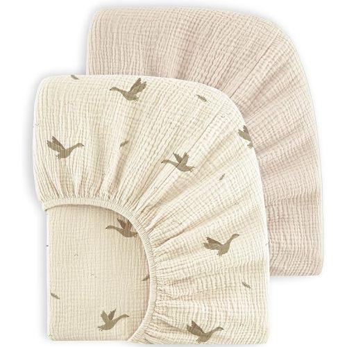 Bearmoss Muslin Crib Sheets - 100% Cotton Baby Crib Sheets Fitted for Standard Crib Mattress & Toddler Bed Mattress 52"x28" Soft Breathable Crib Sheet Neutral for Boys Girls - 2 Pack (Goose White)