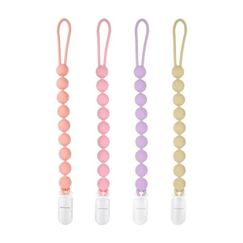 Silicone Pacifier Clip Holder, 4 Pack One Piece Soft Flexible Binky Clips Pacifier Holder Clip for Girls, Baby Newborn Essentials, Teething Relief, Birthday Christmas Shower Gift - Sytle 1