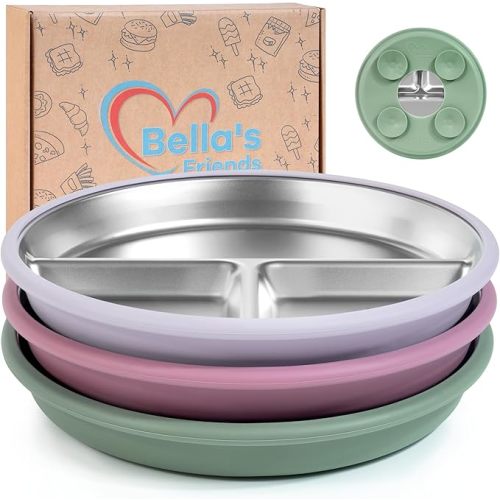 Bella's Friends Stainless Steel Kids Plates 8" Suction Plate for Baby,3 Packs Non-Toxic Divided Toddler Plates,Food-Grade Silicone Plate for Baby,Dishwasher Safe,purple,dark green,rose