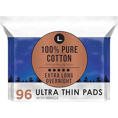 L. Pure Cotton Topsheet Pads for Women, Overnight Pads, Ultra Thin Pads with Wings, Unscented menstrual pads, 48 Count x 2 Packs (96 count total)
