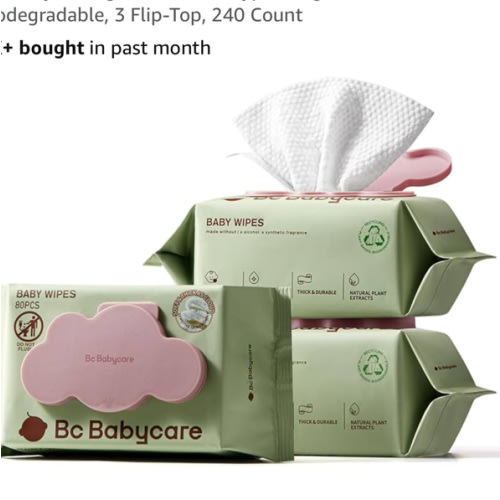 Bc Babycare Cloud Moist Baby Wipes, Thick & XL, 99% Water, Ultra-Hydrating, Unscented, Hypoallergenic for Sensitive Skin, Biodegradable, 3 Flip-Top, 240 Count