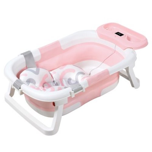 Babyomi Baby Bathtub with Thermometer and Shower Head Holder, Folding Bath Tub for Newborn to Toddler Portable Travel Multifunctional Bathing 0-2 years, Pink