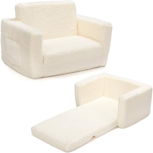 ALIMORDEN 2-in-1 Flip Out Cuddly Sherpa Kids Couch, Convertible Sofa to Lounger