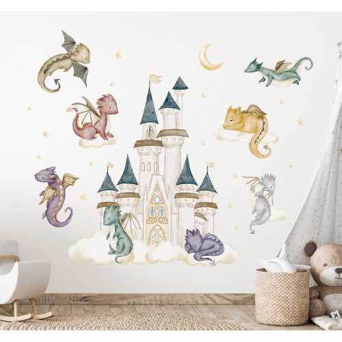 Dragon Nursery Wall Decals Castle Wall Stickers Kids Room Wall Art Fantasy Decor Fairy Tale Playroom Decor Medieval Storybook Nursery PJ11