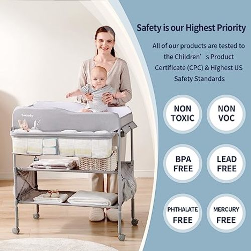 Sweeby Portable Baby Changing Table, Foldable Changing Table Dresser Changing Station for Infant, Waterproof Diaper Changing Table Pad Topper, Mobile Nursery Organizer for Newborn Essentials (Grey)
