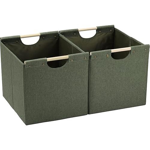 HOONEX Large Collapsible Storage Bins, Linen Fabric, Pack of 2, Storage Baskets with Wooden Carry Handles and Sturdy Heavy Cardboard, for Home, Office, Car, Nursery, Olive