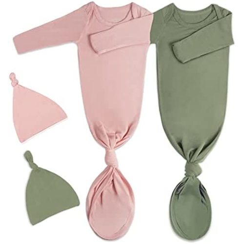 2Pk Newborn Baby Knotted Gown, Super Soft Silky Infant Long Sleeve Sleeper for Baby Sleeping with Hat or Headband (2 Packs)