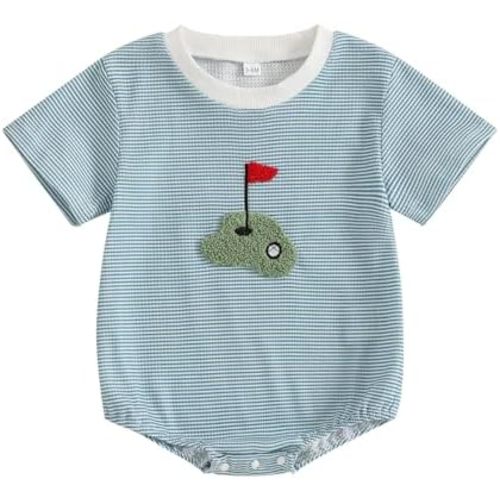 Newborn Baby Boy Girl Golf Outfit Embroidery Striped Romper Jumpsuit Short Sleeve Bubble Bodysuit Summer Clothes