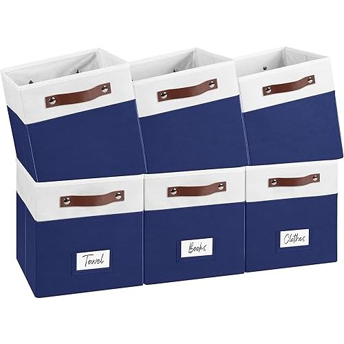 6-Pack Collapsible Fabric Storage Cubes with Handles & Label Holders, Closet Cube Home Organizer Bins (White/Navy Blue, 10.5 * 10.5 * 11 inch)
