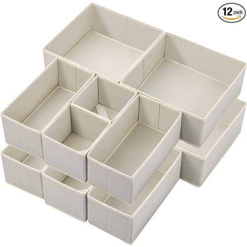 12 Pack Drawer Organizers for Clothing, Dresser Drawer Organizer Clothes, Fabric Foldable Closet Organizers and Storage Basket Bins for Clothes, Underwear, Bras, Socks (Light Grey)