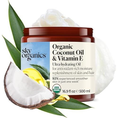 Sky Organics - Organic Coconut Oil & Vitamin E, 16.9 fl oz - Skin & Hair Ultra-Hydrating Oil - Fatty Acids & Antioxidants - Natural, Vegan & Cruelty Free - Skin Care & Hair Care w Ebook