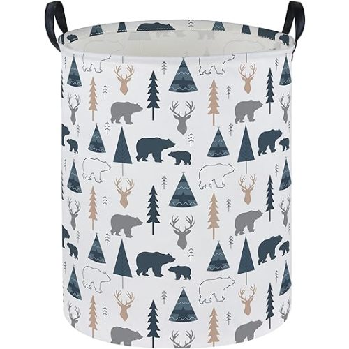 ESSME Kids Laundry Basket,Bear Hamper Collapsible Canvas Waterproof Storage Bin forBoys, Woodland Hamper,Gift Baskets(Bear)