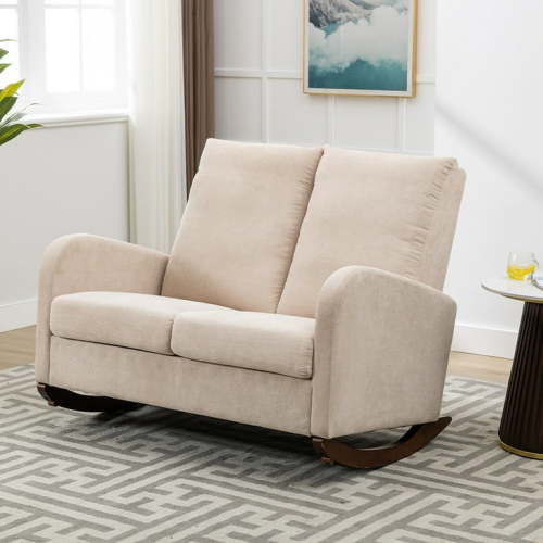 Upholstered Rocking Chair, Mid Century Modern Glider Rocker For Nursery, Solid Wood Frame Oversized Wingback Armchair For Bedroom Balcony Home Office
