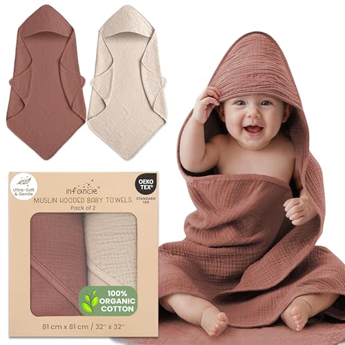 100% Organic Cotton Muslin Baby Hooded Towels 32x32 Inch – 2 Pack Soft & Absorbent Newborn Bath Towels for Boys & Girls, Premium Hooded Towels, Ultra-Gentle Baby Essentials in Rust/Ivory
