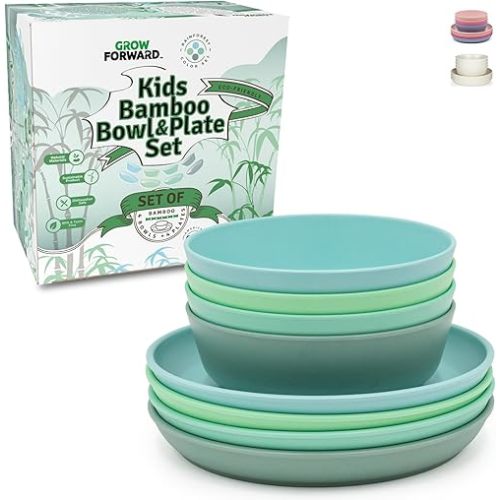 Grow Forward Bamboo Kids Plates and Bowls Set - 100% PLASTIC FREE nontoxic 4 Bamboo Plates for Kids and 4 Bamboo Bowls for Kids - BPA Free & Dishwasher Safe - Eco Friendly and Reusable Childrens Dishes - Rainforest