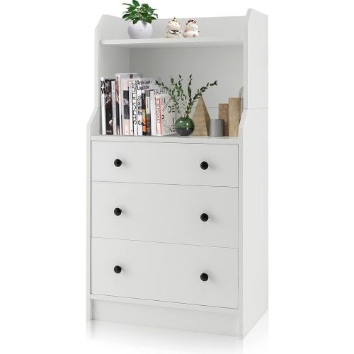 GOFLAME 3-Drawer Dresser with Shelf, 44” H Modern Storage Organizer with Anti-Tilting Design, Utility Storage Dresser, Chest of Drawers for Living Room, Entryway, White