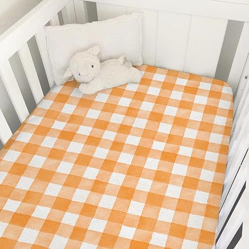 Pastel Orange and White Checker Baby Crib Sheets for Boys Girls Watercolor Checkered Gingham Soft Stretchy Fitted Newborn Bedding Nursery Baby Sheets 52x28 Buffalo Plaids Standard Crib Mattress Cover