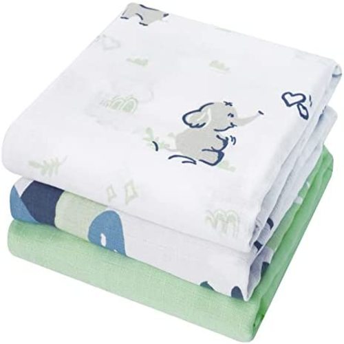 PHF 100% Cotton Baby Muslin Swaddle Blankets, 3 Pack Super Soft Breathable Comfy Baby Swaddle Wrap Set, Receiving Blanket for Infant Baby Boys Girls, Elephant/Green