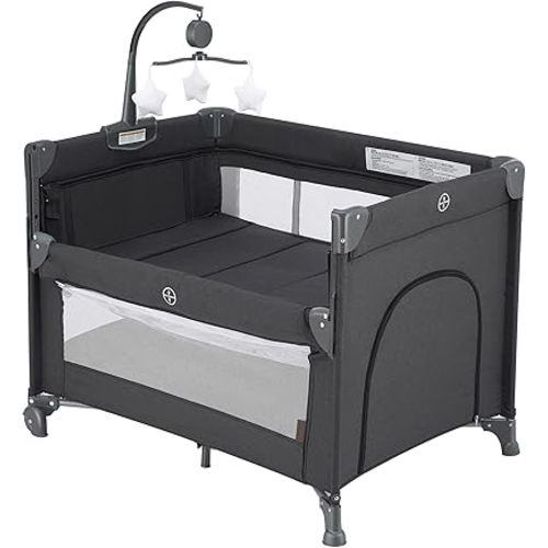 2-in-1 Pack and Play with Mattress,Baby Bassinet Bedside Sleeper, Bedside Bassinet & Baby Playpen, Easy Folding Portable Crib for Newborn to Toddlers (Dark Grey)