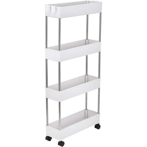 Rolling Utility Cart,Mobile Multi-Functional Storage Rack Cart with Wheels for Kitchen, Bathroom, Laundry Room Narrow Place, Plastic and Stainless Steel,White (4-Tier Slim)