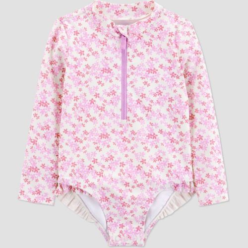 Carter's Just One You® Toddler Girls' Long Sleeve Ruffle Ditsy Floral One Piece Rash Guard Swimsuit - Pink 18M