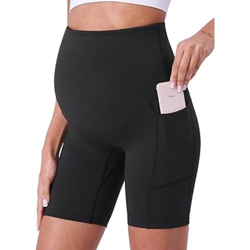 POSHDIVAH Women's Maternity Shorts Over The Belly Biker Yoga Active Pregnancy Workout Short Pants with Pockets 8"