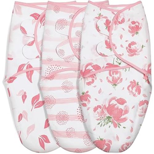 GLLQUEN BABY Girl Swaddles 0-3 Months - 3 Pack Baby Swaddles Sack for Newborn, Infant Sleep Sack, Easy Swaddling Wrap, A Pink Floral, Nursery Swaddle Blankets Essentials