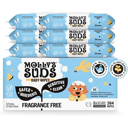 Molly's Suds Sensitive Clean Baby Wipes | 99% Water, Plant-Based, Fragrance Free | 384 Total Wipes (6 Flip-Top Packs)