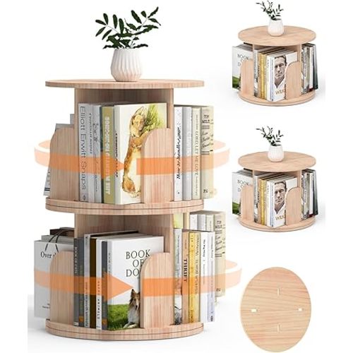 Kids Rotating Bookshelf, 2 Tier Rotating Small Corner Bookshelf for Small Spaces, Two Pieces of 1 Tier 360 Desktop Bookcase Storage Rack, Wood Narrow Book Shelf Organizer for Bedroom, Living Room