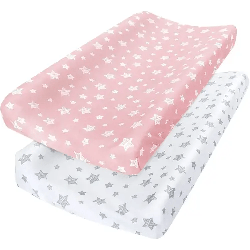 Changing Pad Cover for Girls 2 Pack, Lovely Print Soft Unisex Diaper Change Table Sheets, Fit 32"x16" Contoured Pad, Comfy Cozy 2-Pack Cradle Sheets, Pink&White