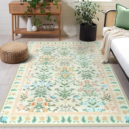 Washable Floral 5x7 Area Rug, Soft Non-Slip Beige Rugs for Living Room Ultra Thin Boho Bedroom Rug, Modern Botanical Flower Indoor Carpet for Nursery Playroom Dining Room