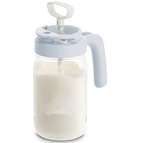 Papablic Glass Breastmilk Pitcher, Formula Mixing Pitcher with Mixing Handle Lid, Wide Mouth Mason Jar Mixer with Flip Locking Spout, Easy to Clean, BPA Free, Blue