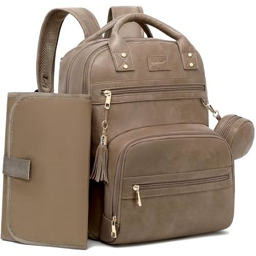 Premium Vegan Leather Diaper Bag Backpack with Waterproof Changing Pad, Reinforced Zippers & Odor-Free, 20 Pockets Pro Organizer, Fits 15.6" Laptop, Stroller Straps, Baby Bag for Mom, Taupe