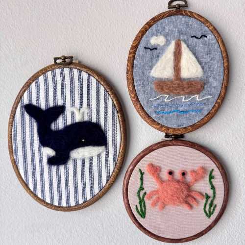 Needle Felted Nautical Nursery Decor Set – Whale, Boat & Crab Embroidery Hoops, Personalized Baby Name