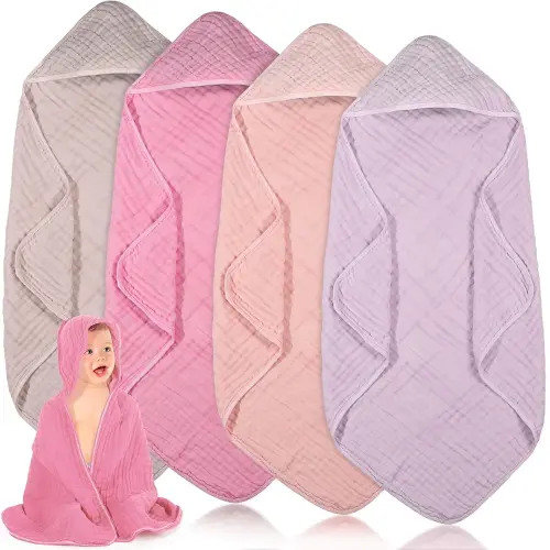Peryiter 4 Pcs Muslin Hooded Baby Towels, 32"x 32" Cotton Newborn Bath Towel Muslin Infant Baby Blankets Absorbent Unisex Newborn Registry Gift Essentials for Girls Boys (Pink Series)