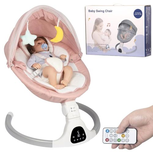 Electric Baby Swing for Infants, with Bluetooth Remote Control Timing Function and 10 Music 5 Swing Speeds 3 Seat Positions Baby Bouncer for Boy Girl Indoor & Outdoor Use (Pink)